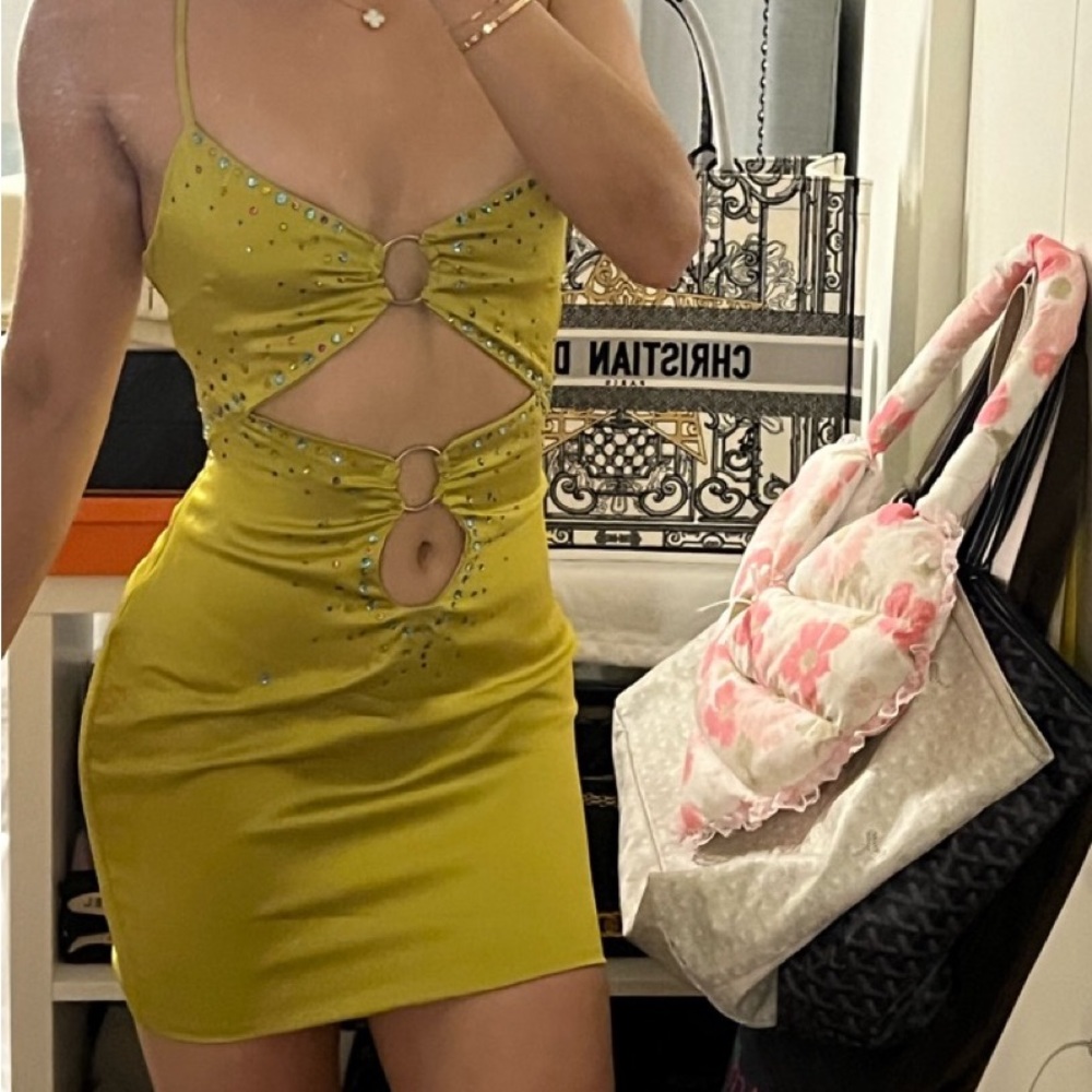 Danielle Guizio Olive Green Cutout Mini Dress with Rings
